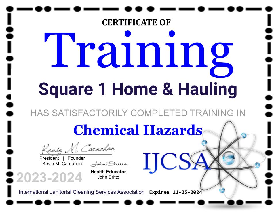 Certificate of company chemical hazards certification