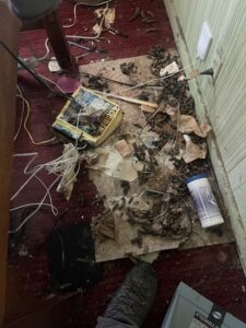 Photo shows a an area of a home with excessive debris and animal poop. 